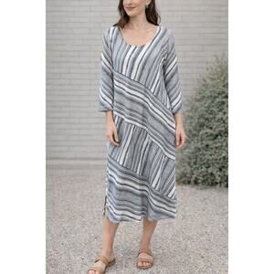 SOFT SURROUNDINGS | Linen Blend Striped Blue White Scoop Neck Dress | Large
